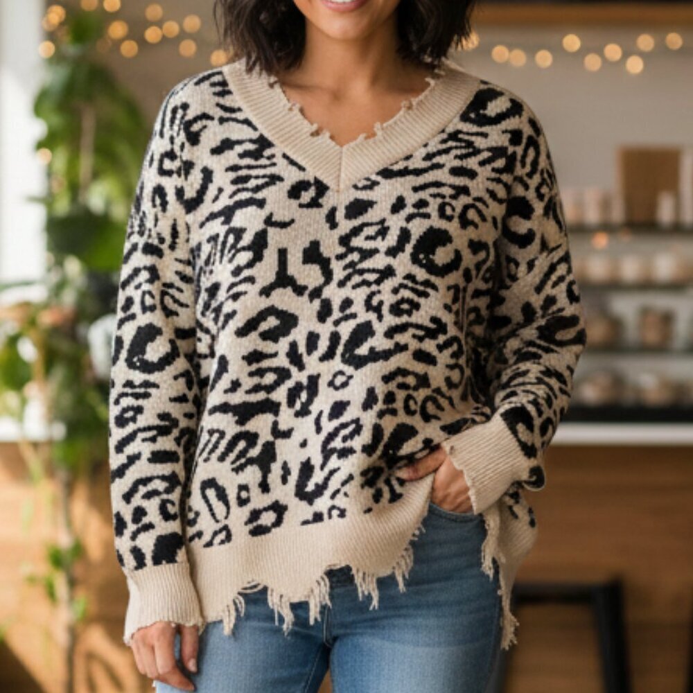 Main Strip Animal Print Sweater - Distressed Hem - Size Large